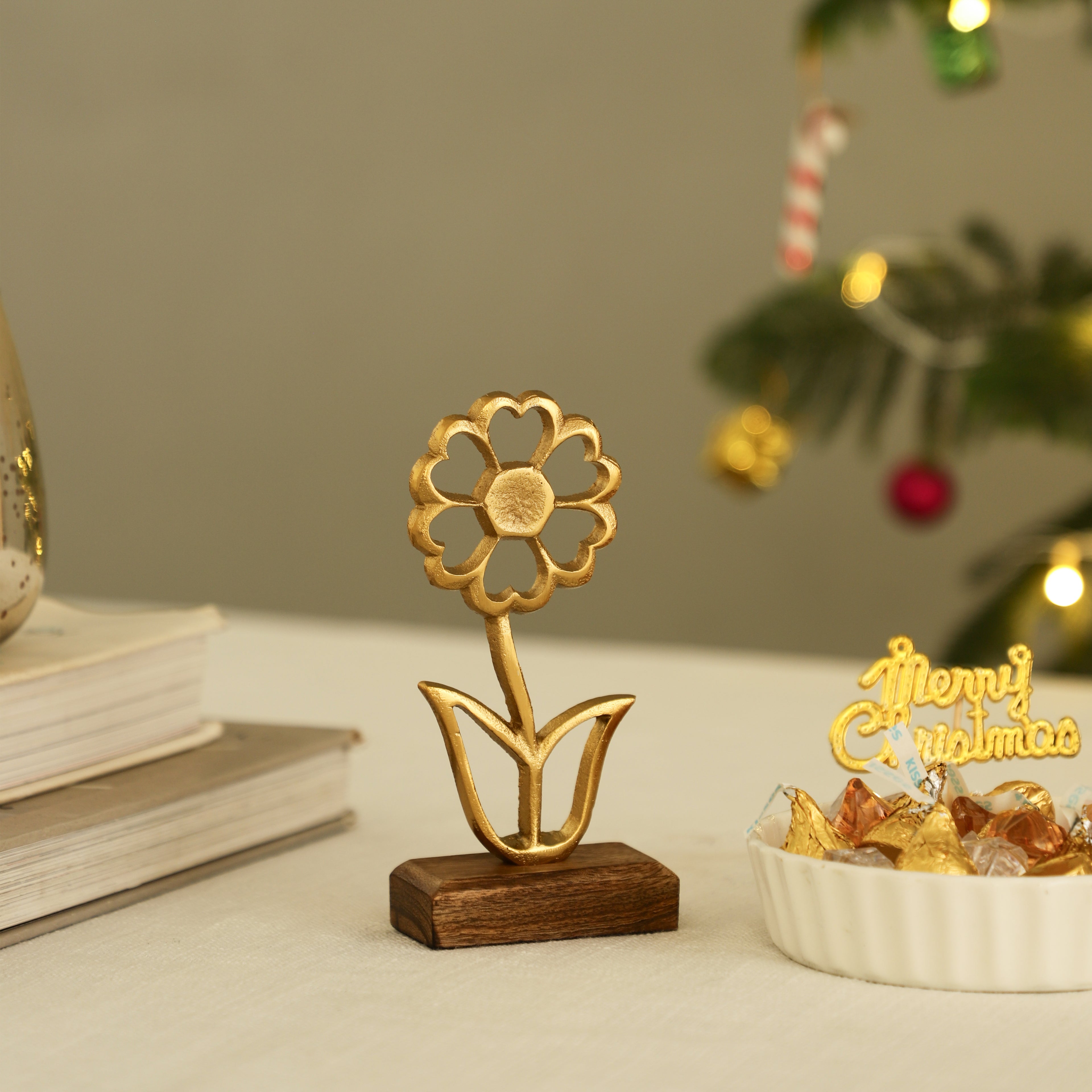 Golden Bloom Wooden Base Home Décor