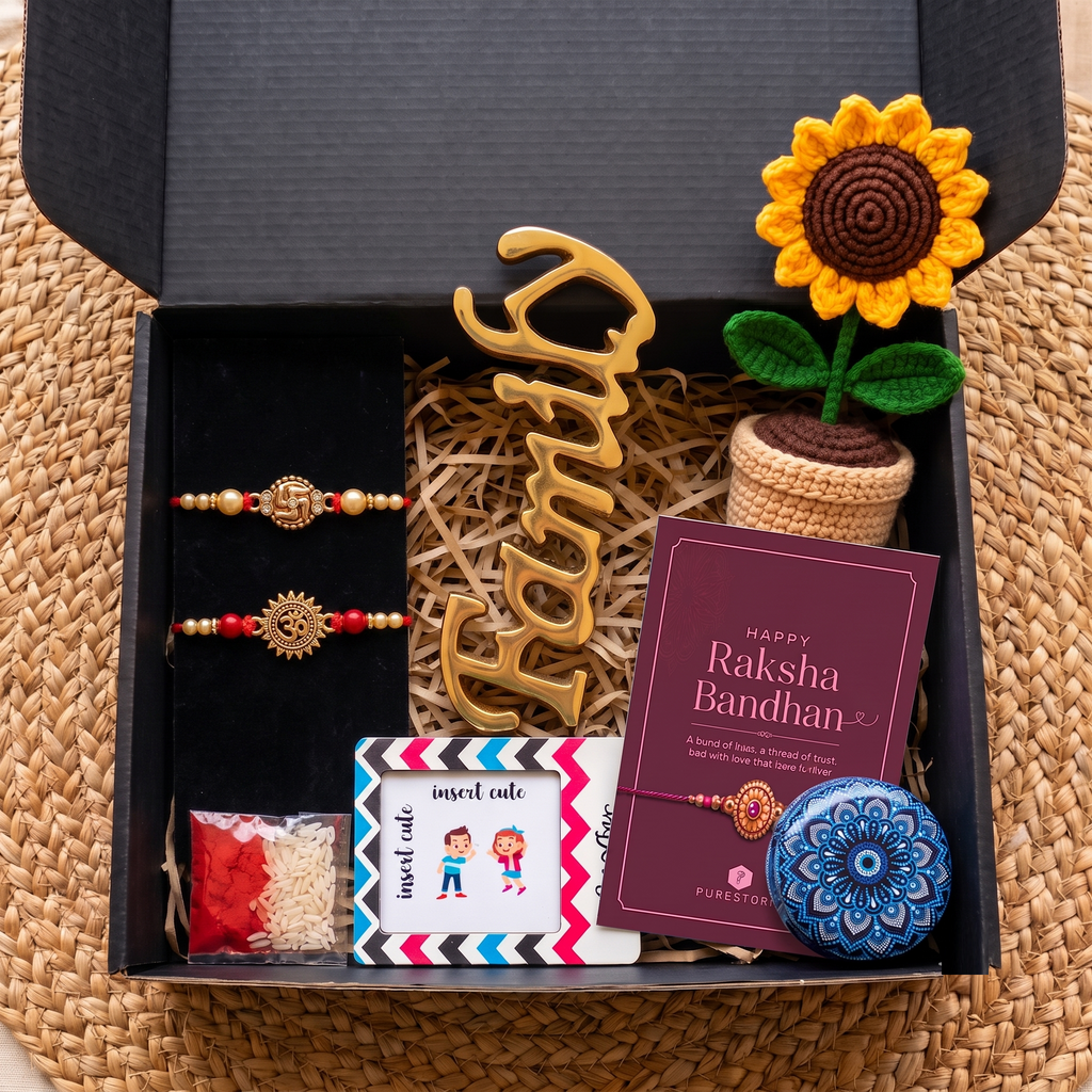 Elegant Rakhi Hamper with Metallic Family Showpiece