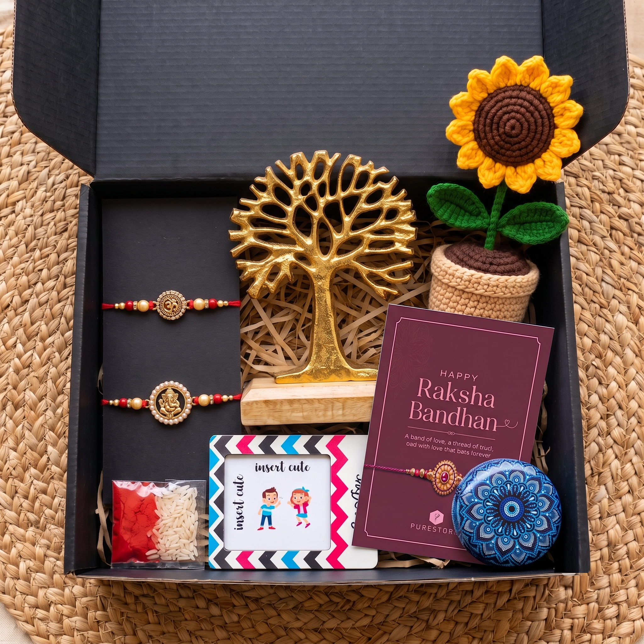 Tree of Life Rakhi Box with Golden Tree Showpiece