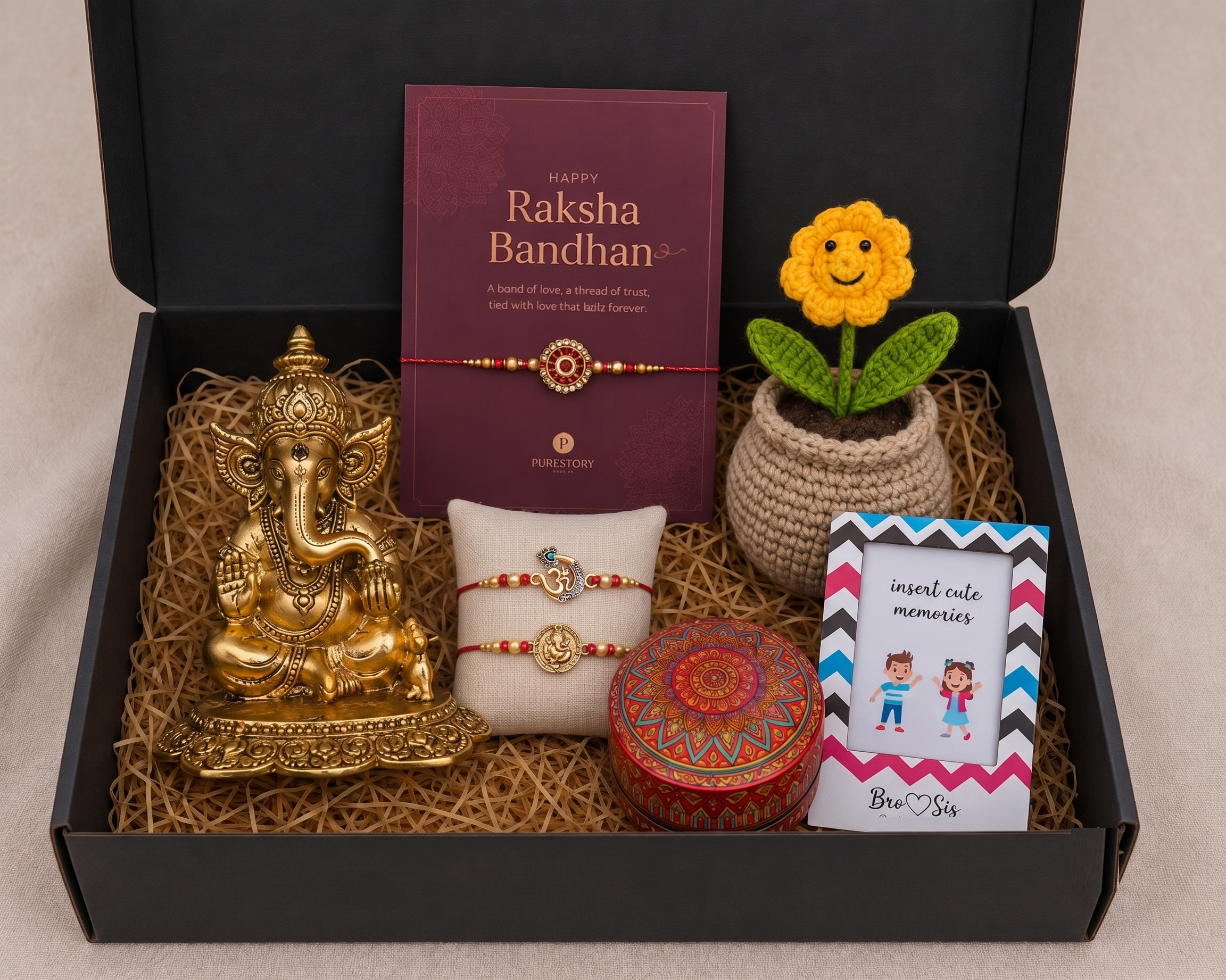 Divine Blessings Rakhi Box with Golden Ganesha Idol