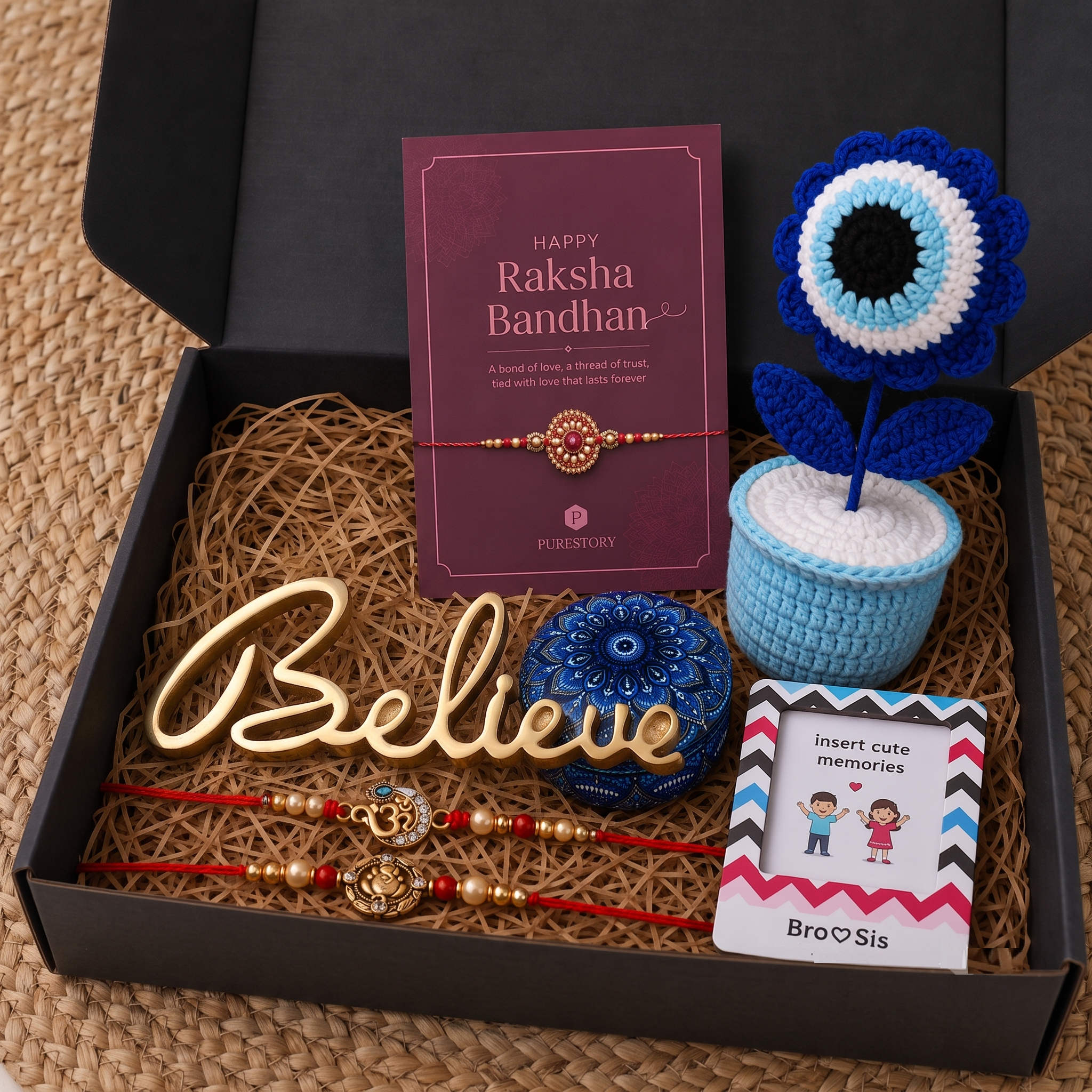 Inspire And Believe Rakhi Gift With Metallic Believe Showpiece
